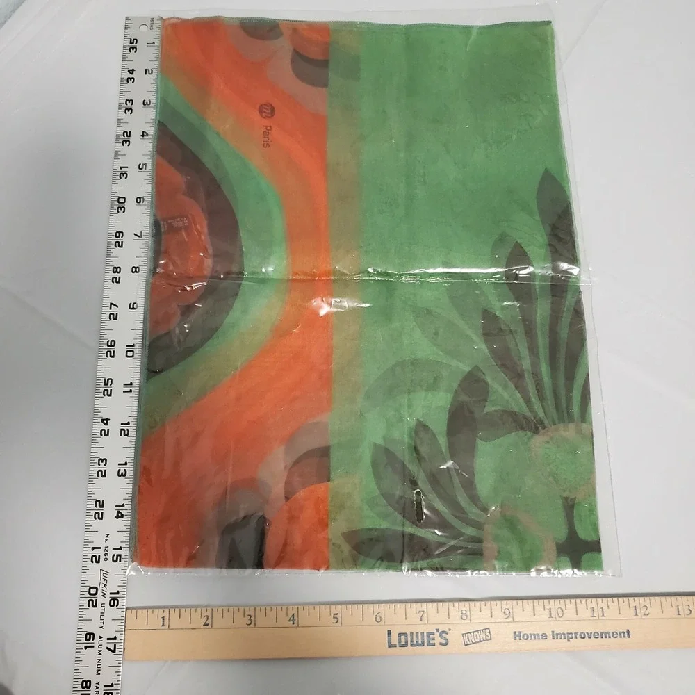 M Paris Silk Scarf Made in France Green Orange Floral Abstract Square Scarf